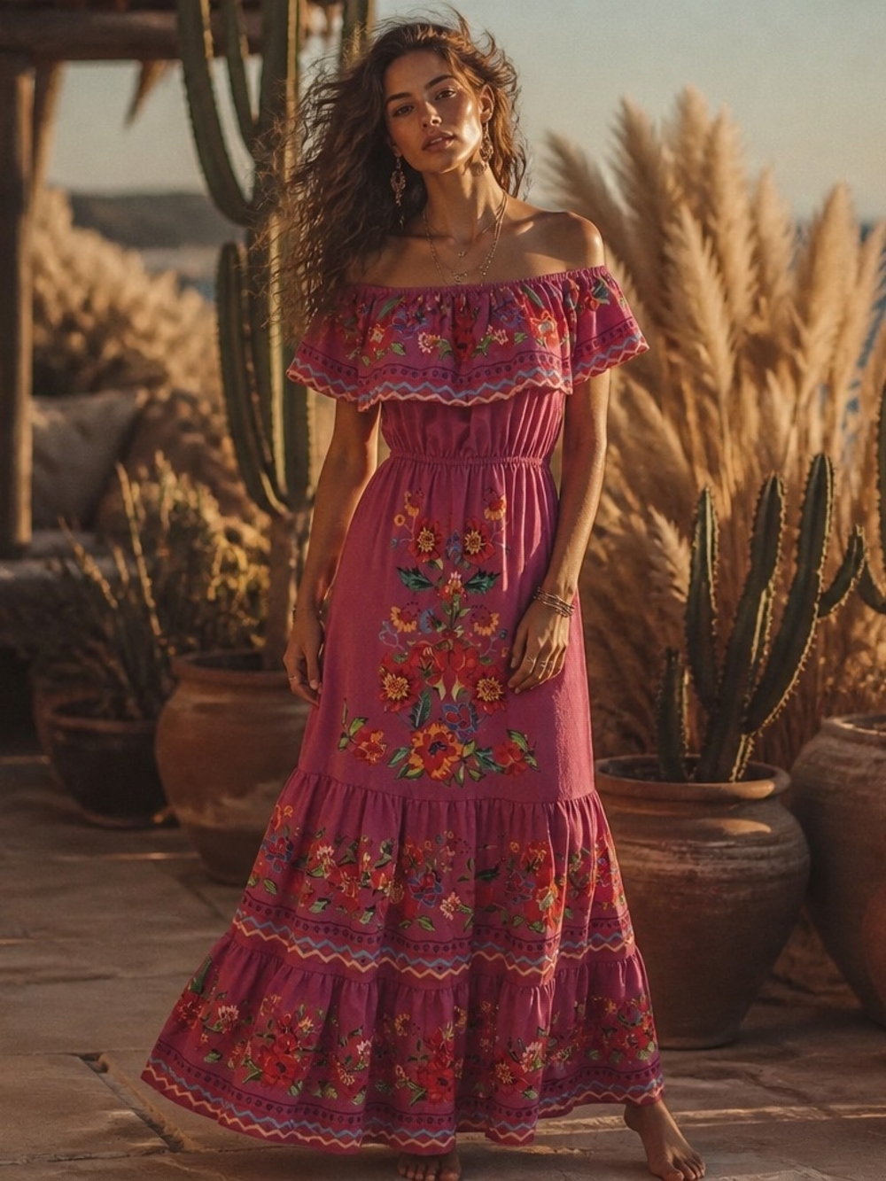 Magenta Embroidered Off-Shoulder Maxi Dress